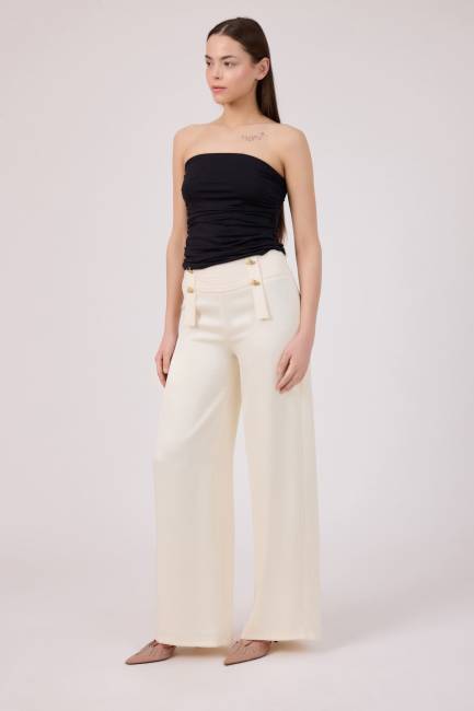 Nervür kemerli krep saten pantolon - Thumbnail