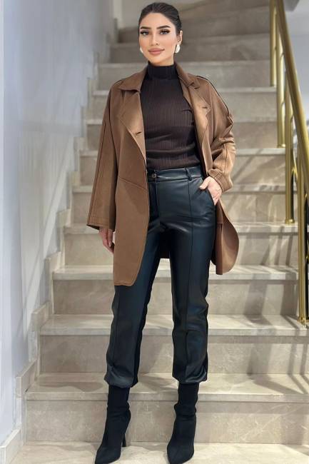 Fever - Önü deri arkası örme siyah pantolon