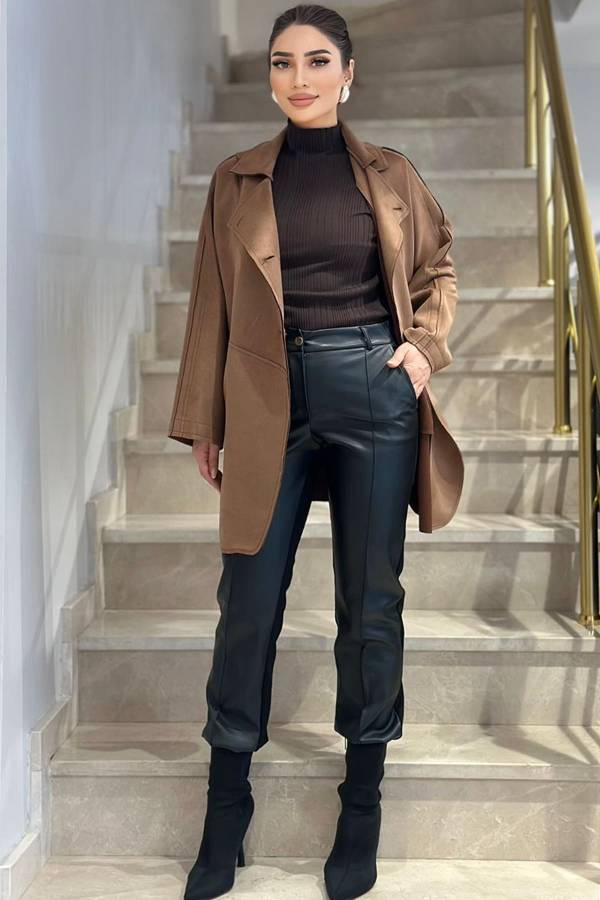 Önü deri arkası örme siyah pantolon