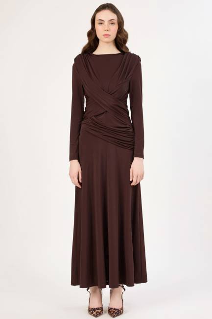 Önü drape detaylı likralı maxi elbise - Thumbnail