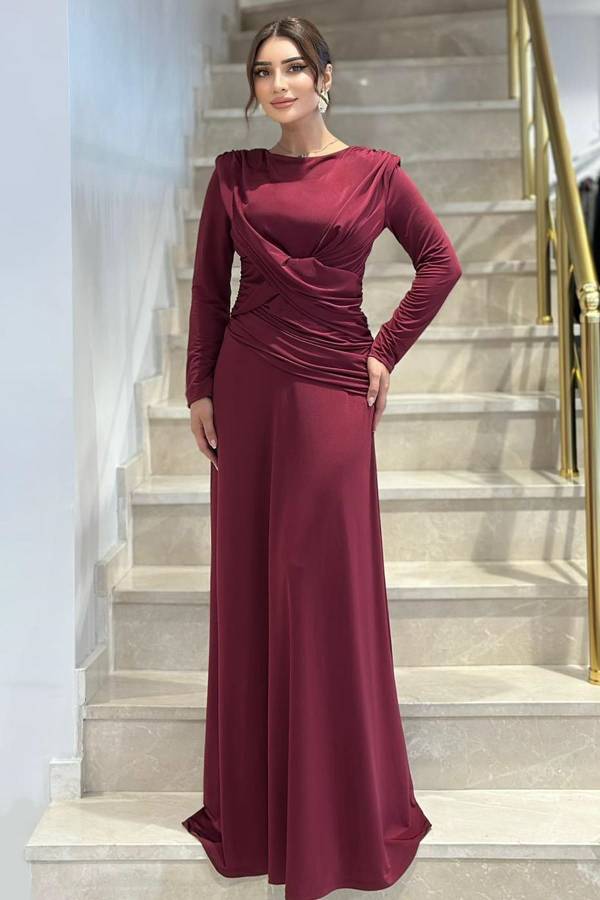 Önü drape detaylı likralı maxi elbise