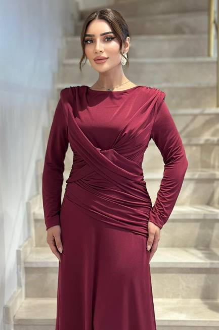 Önü drape detaylı likralı maxi elbise - Thumbnail