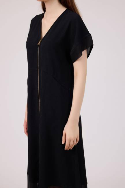 Önü fermuarlı şifon mix elbise - Thumbnail