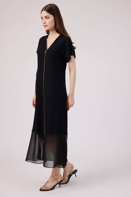 Önü fermuarlı şifon mix elbise - Thumbnail