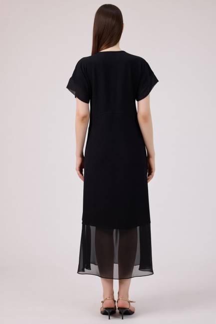 Önü fermuarlı şifon mix elbise - Thumbnail