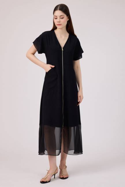 Fever - Önü fermuarlı şifon mix elbise (1)