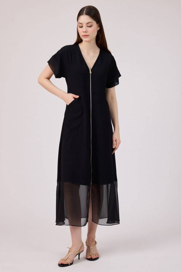 Önü fermuarlı şifon mix elbise