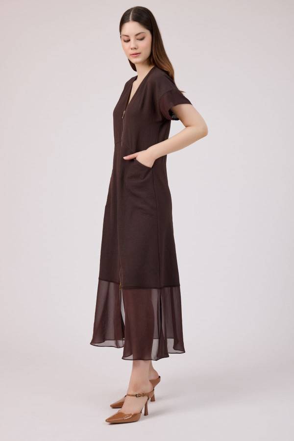 Önü fermuarlı şifon mix elbise