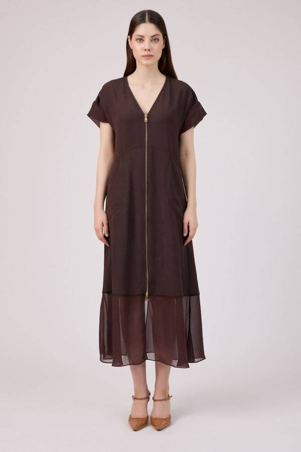 Önü fermuarlı şifon mix elbise