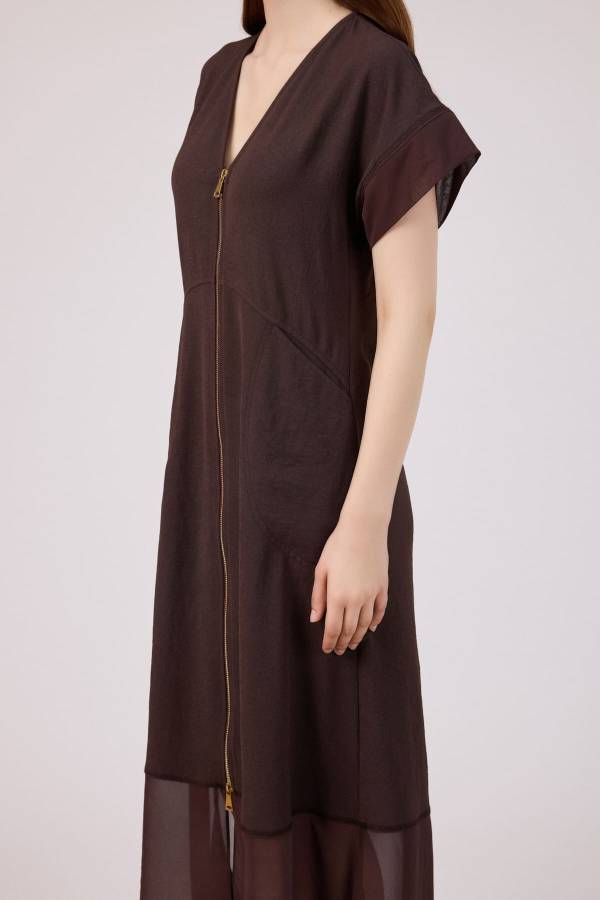 Önü fermuarlı şifon mix elbise