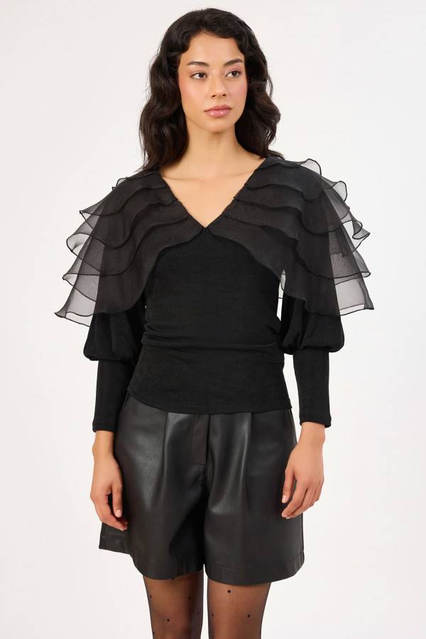 Organze detaylı örme bluz