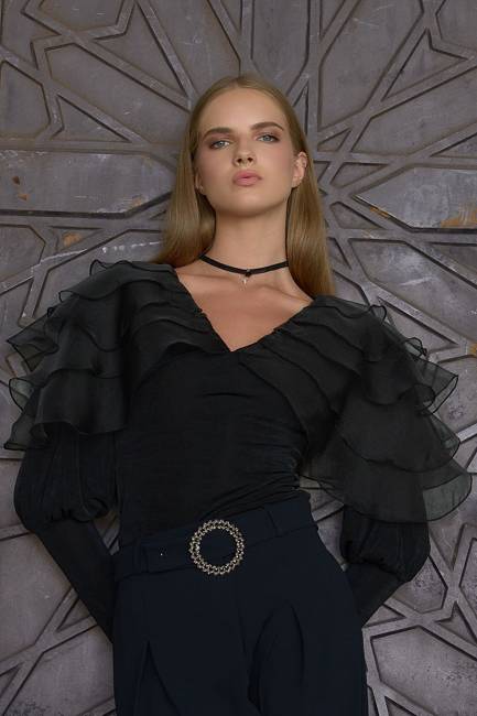 Organze detaylı örme bluz - Thumbnail