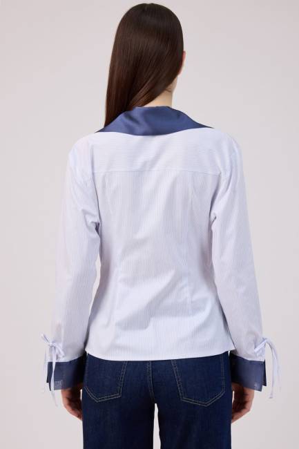 Organze geçişli çizgili poplin bluz - Thumbnail