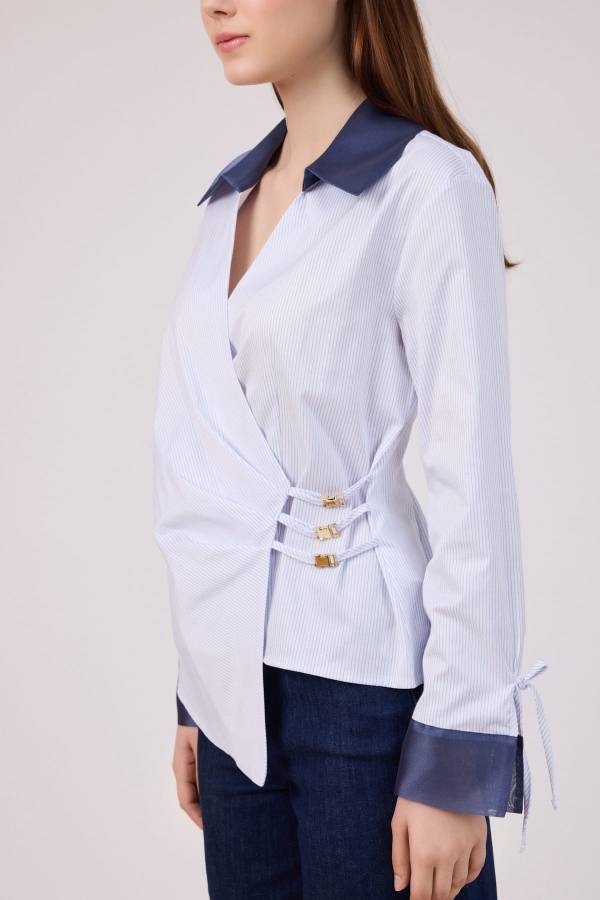 Organze geçişli çizgili poplin bluz