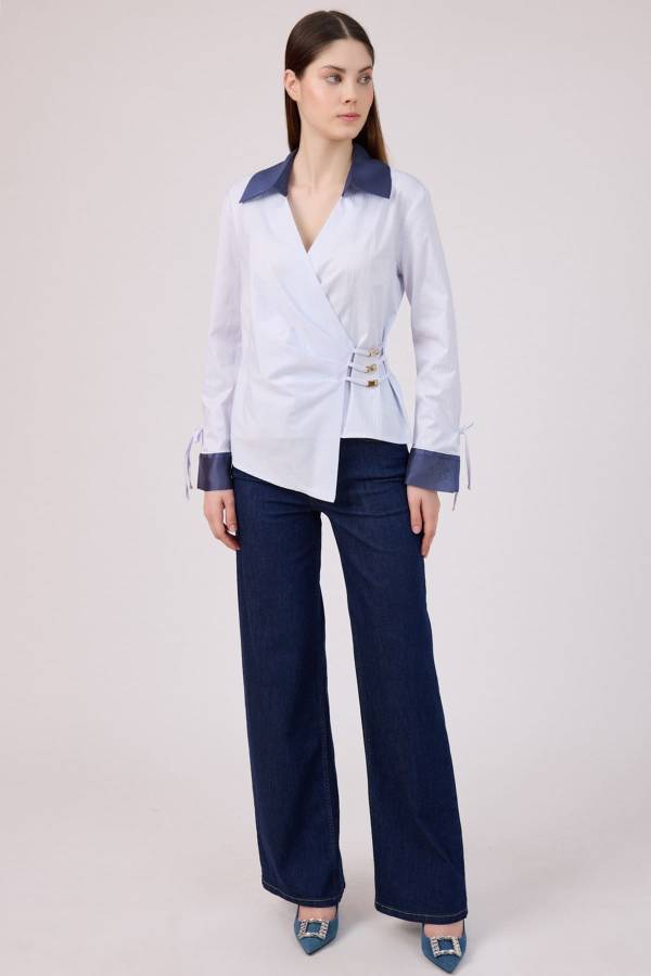 Organze geçişli çizgili poplin bluz