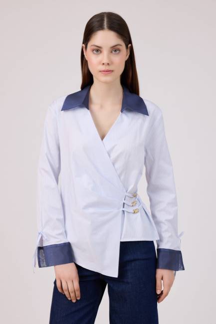 Organze geçişli çizgili poplin bluz - Thumbnail