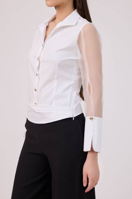 Organze kollu poplin bluz - Thumbnail