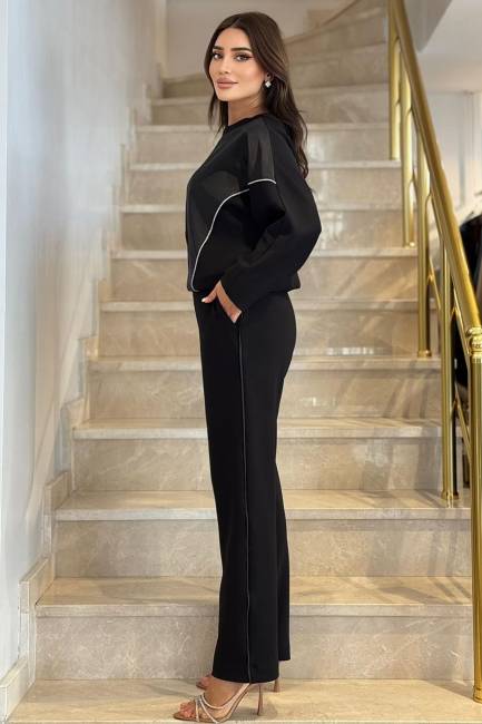 Parlak bağcıklı likralı örme pantolon - Thumbnail