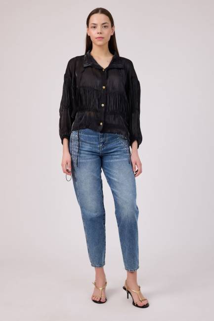 Parlak iplikli organze büzgü detaylı kap - Thumbnail