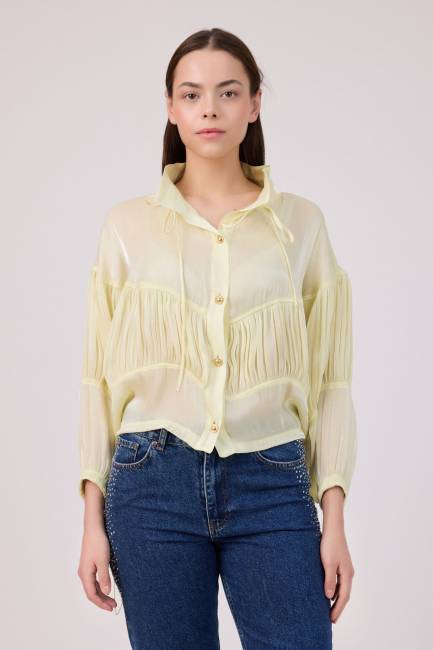 Parlak iplikli organze büzgü detaylı kap - Thumbnail