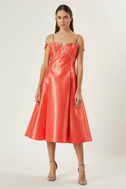 Parlak taş detaylı askılı elbise - Thumbnail