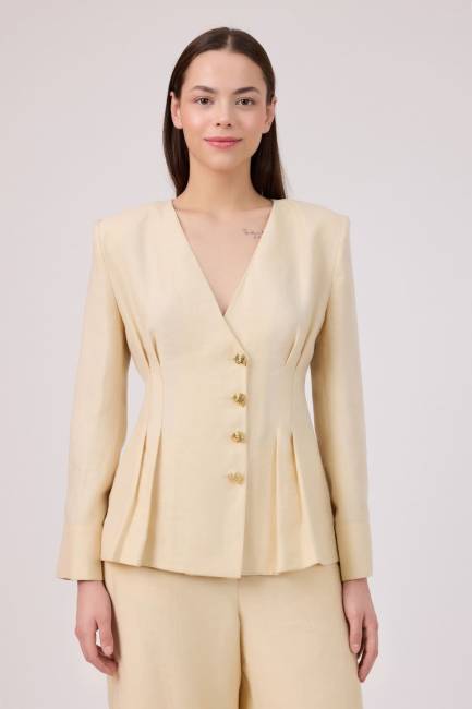 Pensli yakasız tencel ceket - Thumbnail