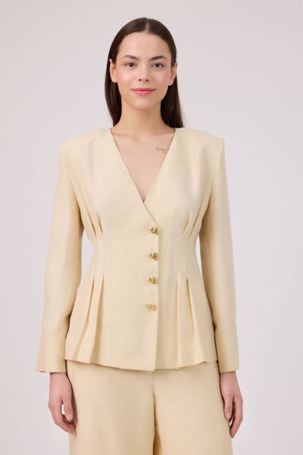 Pensli yakasız tencel ceket