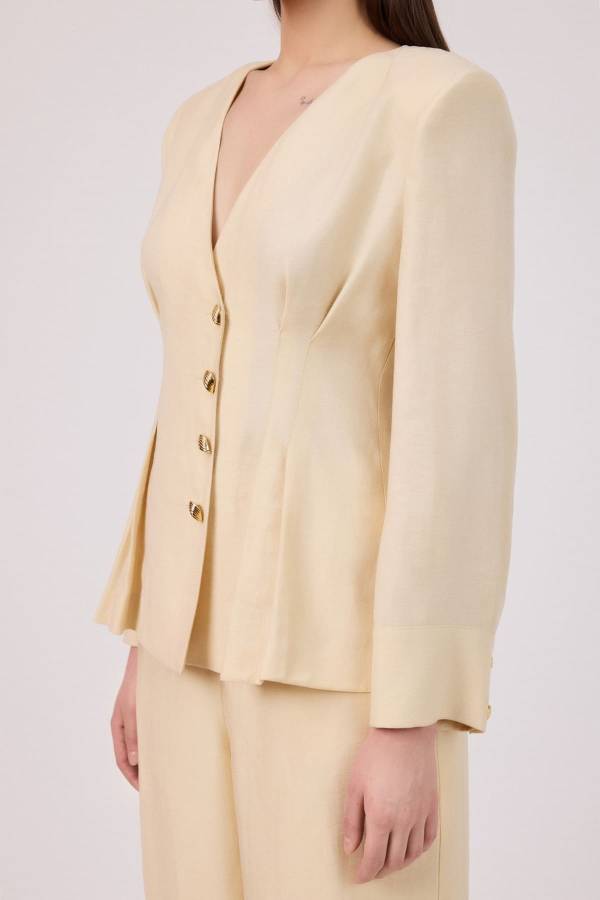 Pensli yakasız tencel ceket