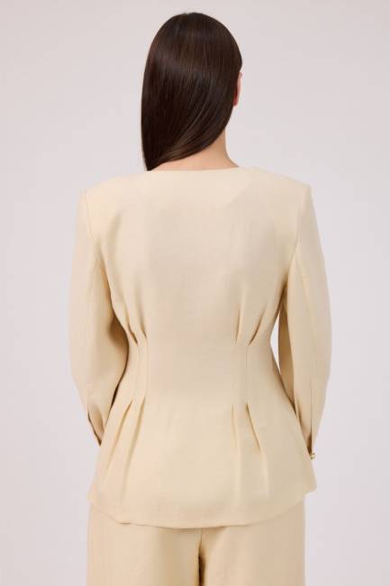 Pensli yakasız tencel ceket - Thumbnail