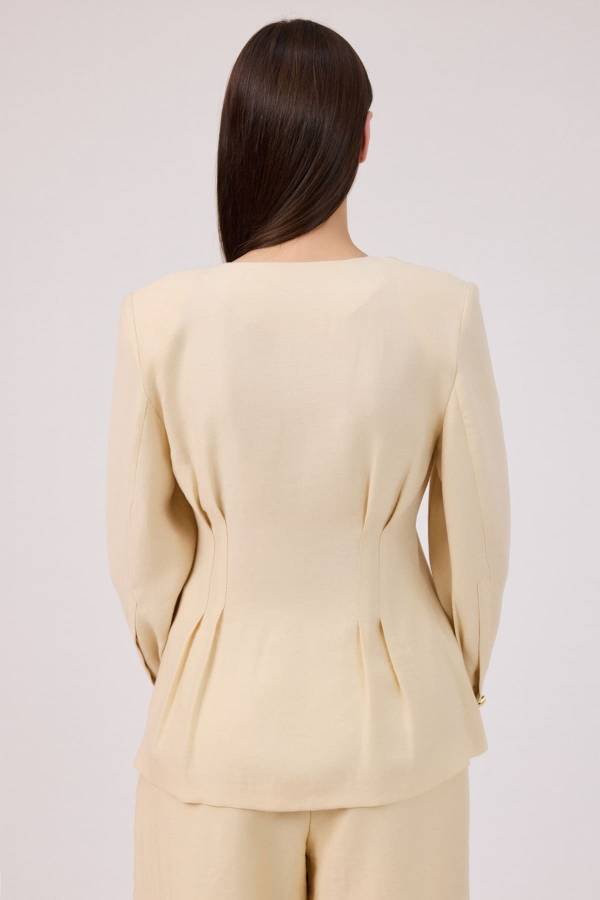 Pensli yakasız tencel ceket