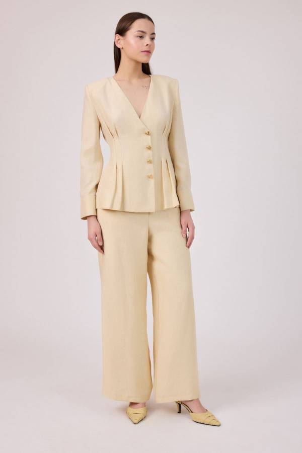 Pensli yakasız tencel ceket