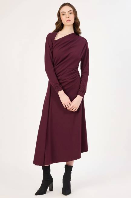 Pile detaylı asimetrik elbise - Thumbnail