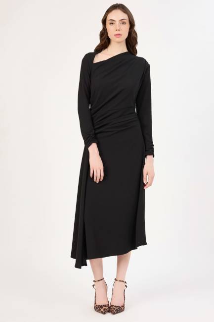 Pile detaylı asimetrik elbise - Thumbnail