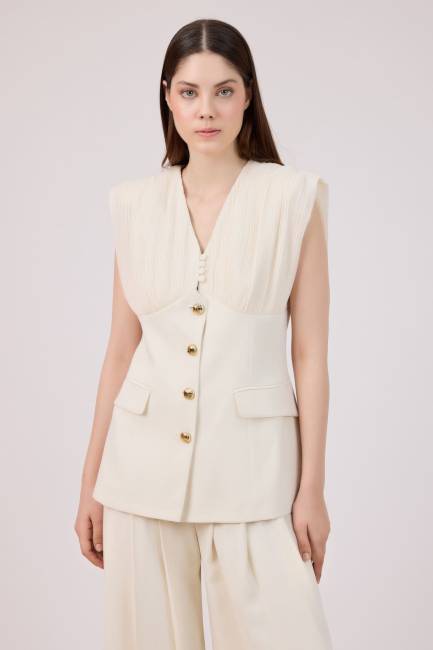 Plise detaylı düğmeli yelek - Thumbnail