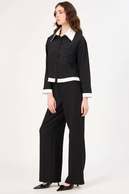 Plise detaylı kontrast yakalı gömlek - Thumbnail