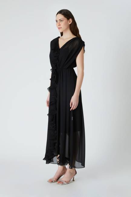 Plise fırfırlı uzun elbise - Thumbnail