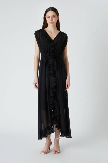 Plise fırfırlı uzun elbise - Thumbnail