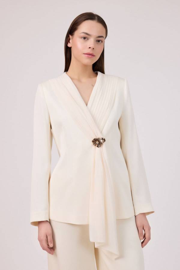 Plise şifon yakalı ceket