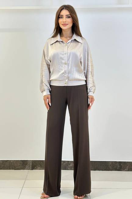 Pliseli broş düğmeli şık gömlek - Thumbnail