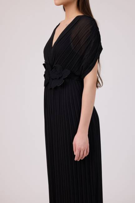 Pliseli çiçek kemerli şifon elbise - Thumbnail