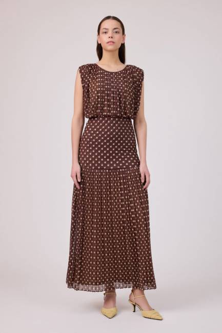 Puan baskılı pliseli tül elbise - Thumbnail