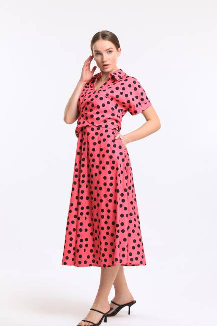 Puan desenli bağlamalı elbise - Thumbnail