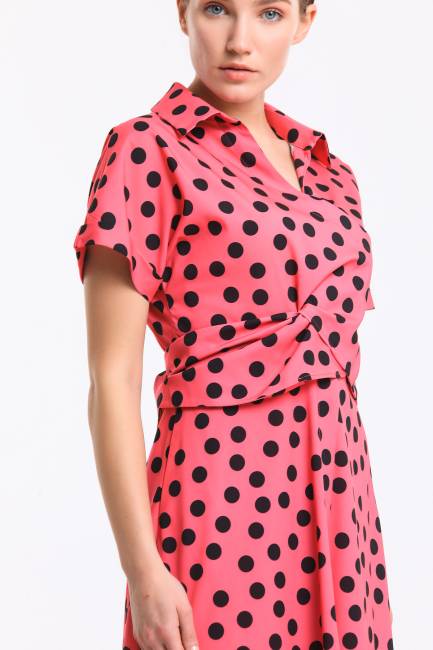 Puan desenli bağlamalı elbise - Thumbnail