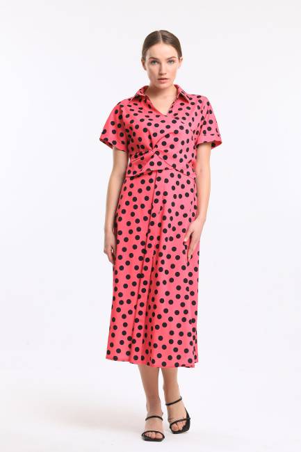 Puan desenli bağlamalı elbise - Thumbnail