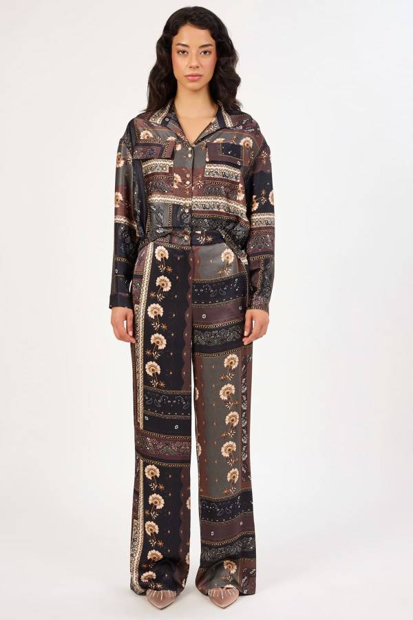 Safari desenli geniş paça pantolon