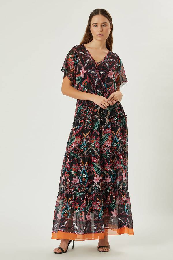 Şal desenli uzun elbise