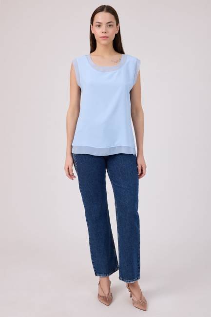 Şifon bant detaylı kolsuz bluz - Thumbnail