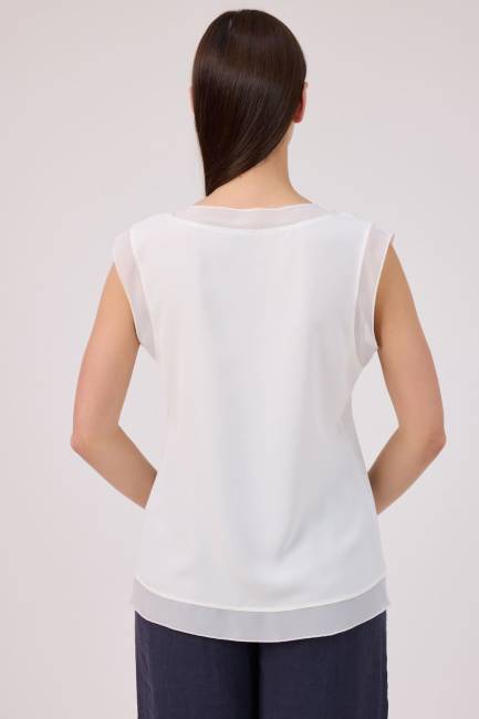 Şifon bant detaylı kolsuz bluz - Thumbnail