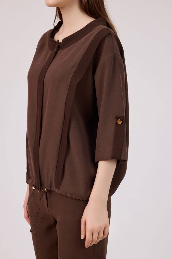 Şifon bantlı fermuarlı modal bluz