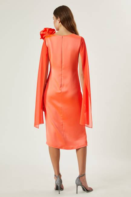 Şifon kol detaylı saten elbise - Thumbnail